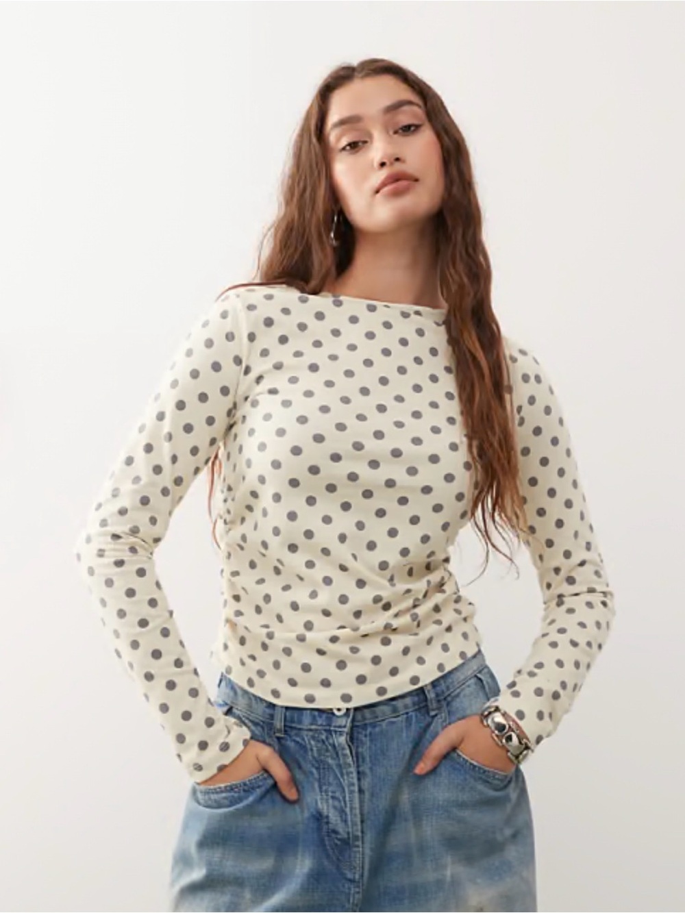 Hatley Cream Long-Sleeve Polka Dot Boatneck Top - Gray Dots